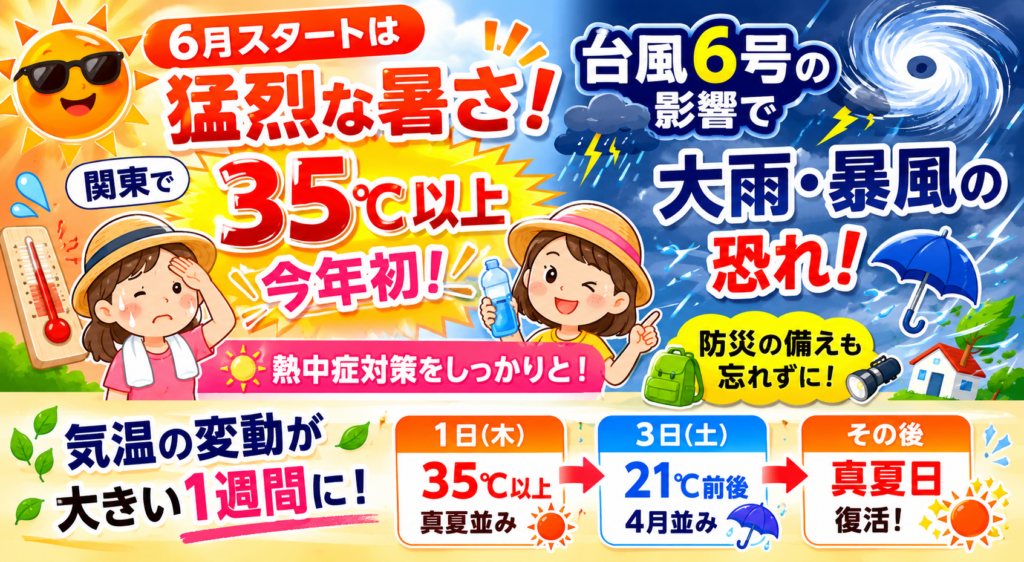 【埼玉県加須市】6月スタートから危険な暑さ🥵💦 関東で今年初の35℃予想！その後は台風6号で大雨・暴風の恐れ⚠️