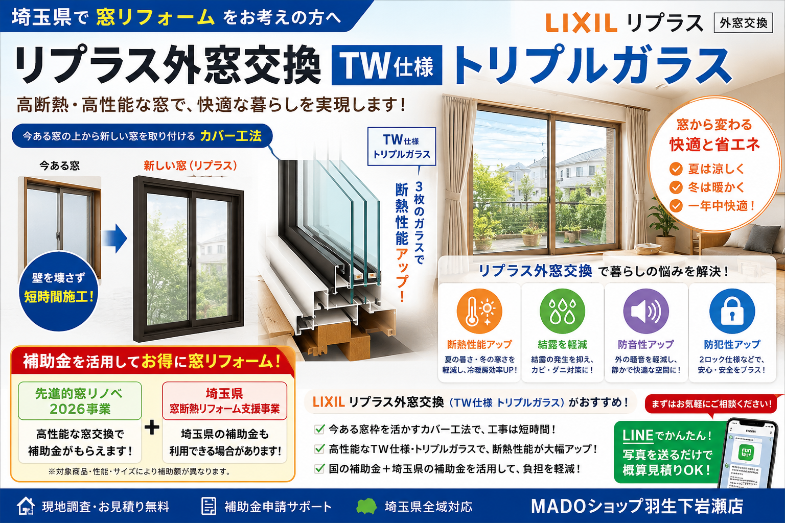 【埼玉県】LIXILリプラスで外窓交換！窓リフォーム・補助金活用ならMADOショップ羽生下岩瀬店