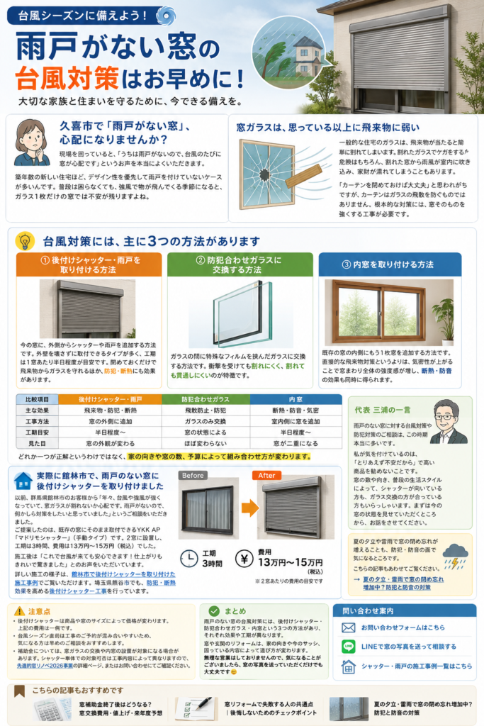 【久喜市】台風シーズン到来⚡雨戸のない窓、対策は大丈夫？