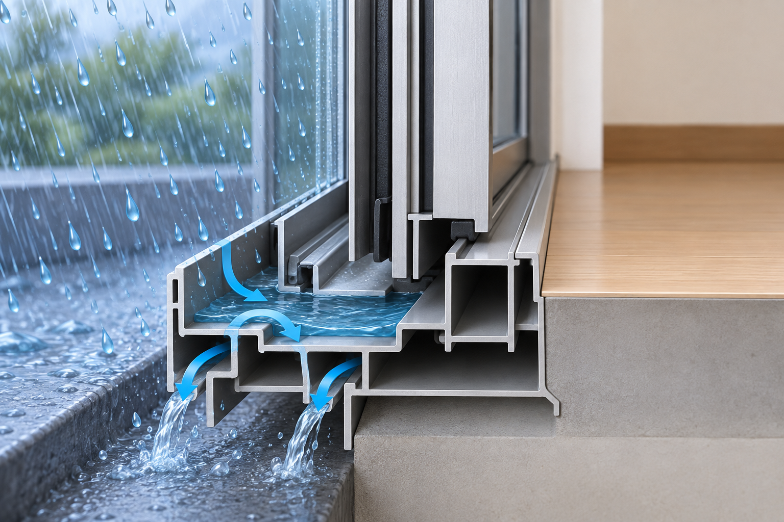 引違い窓の下枠内部に入った雨水が排水穴から屋外へ流れる仕組みの概念図