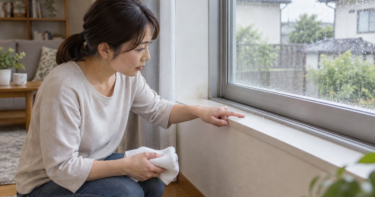 雨のあとに窓まわりの水滴と水染みを確認しているイメージ