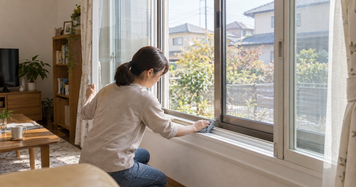 秋の室内で内窓を開けて使い勝手を確認しているイメージ