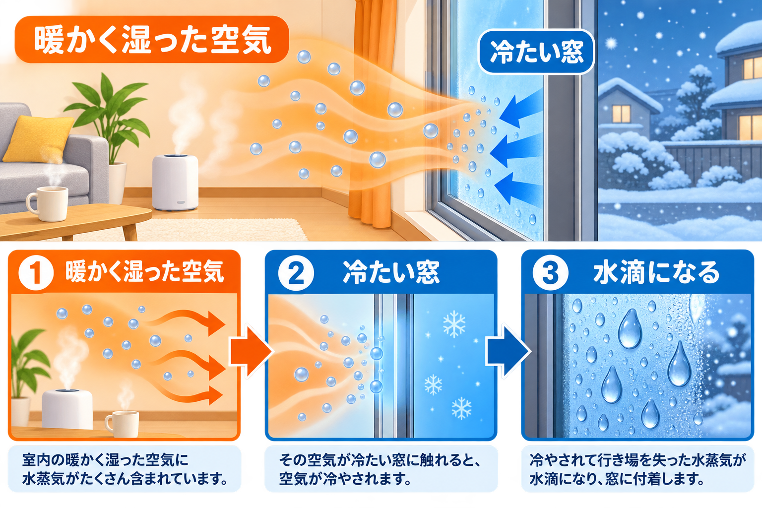 暖かく湿った空気が冷たい窓に触れて水滴になる結露の仕組み