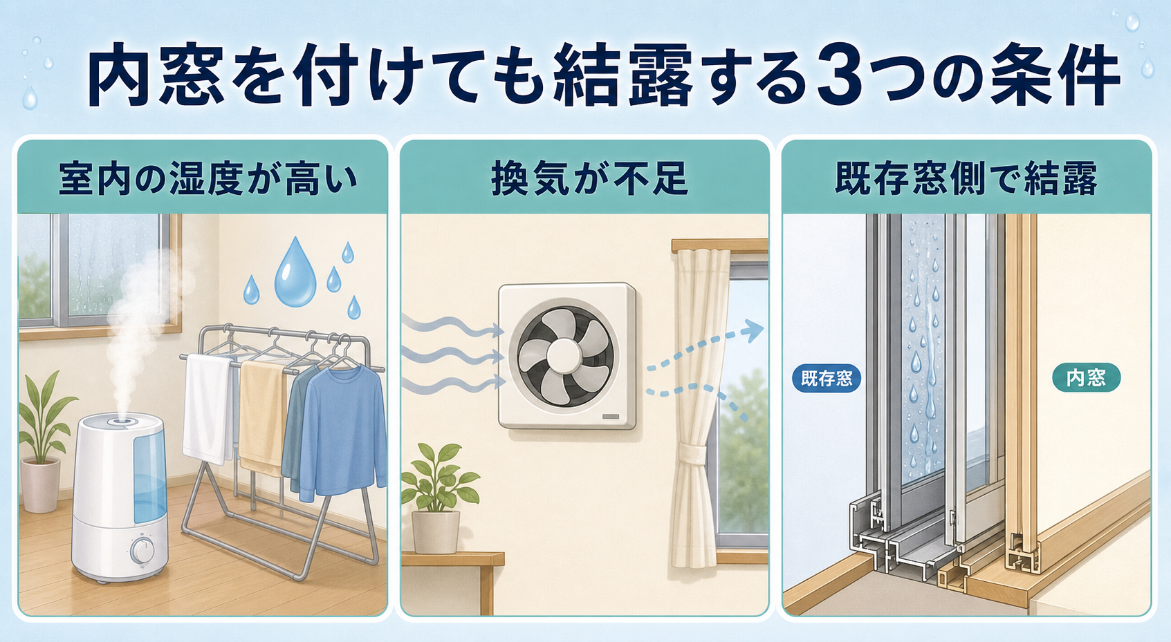 内窓を設置しても結露する主な3条件を示した説明図