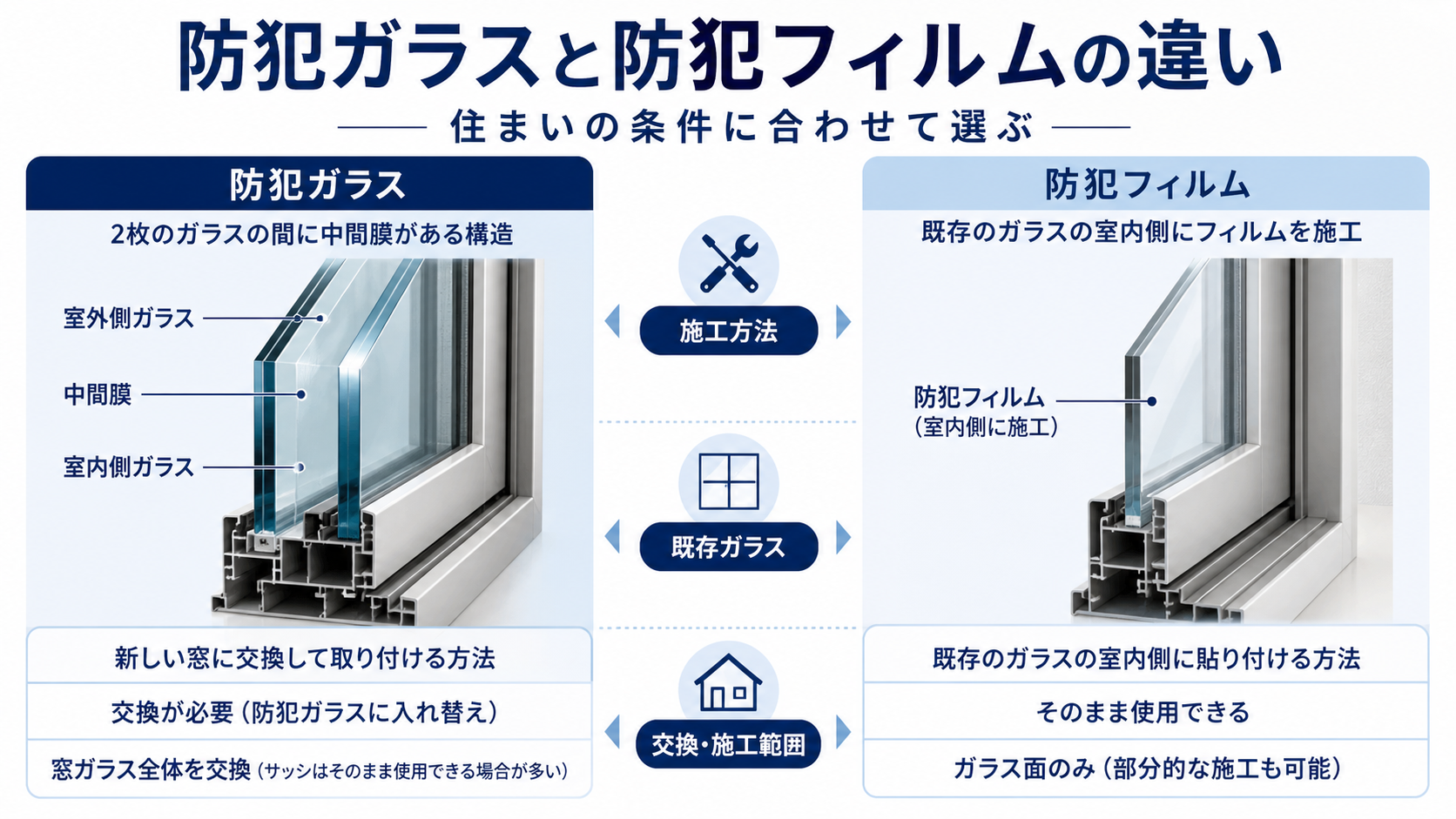 防犯ガラスと防犯フィルムの構造と施工方法の違いを比較した図
