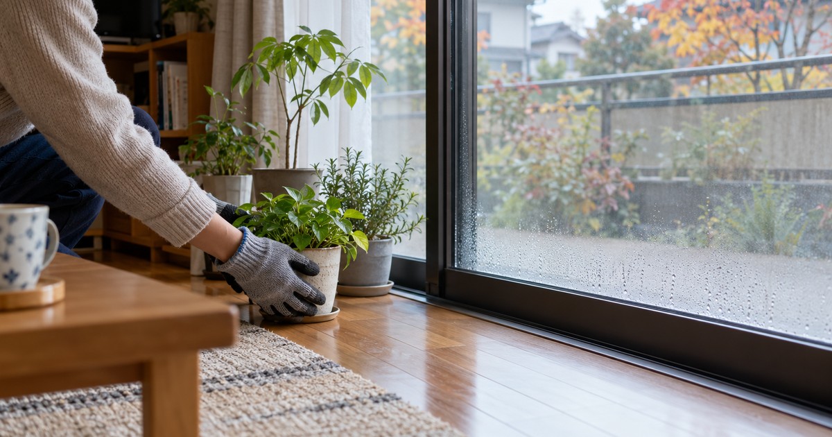 結露した窓から観葉植物を少し離している日本の住宅のイメージ