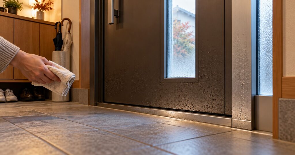 玄関ドアの室内側に水滴？結露と雨水の確認ポイント｜館林市