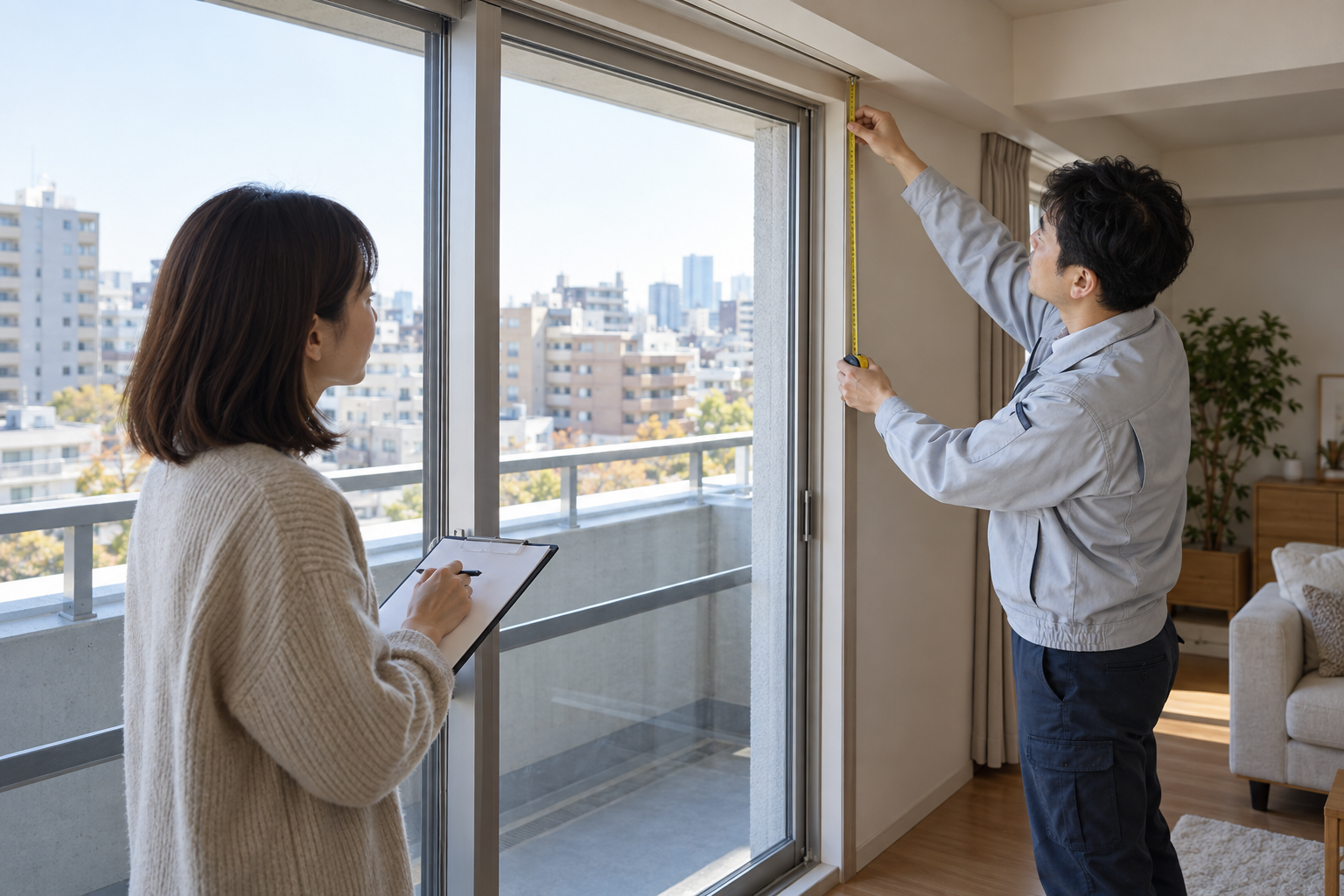 板橋区のマンションで内窓設置前に窓枠を採寸する様子（イメージ）