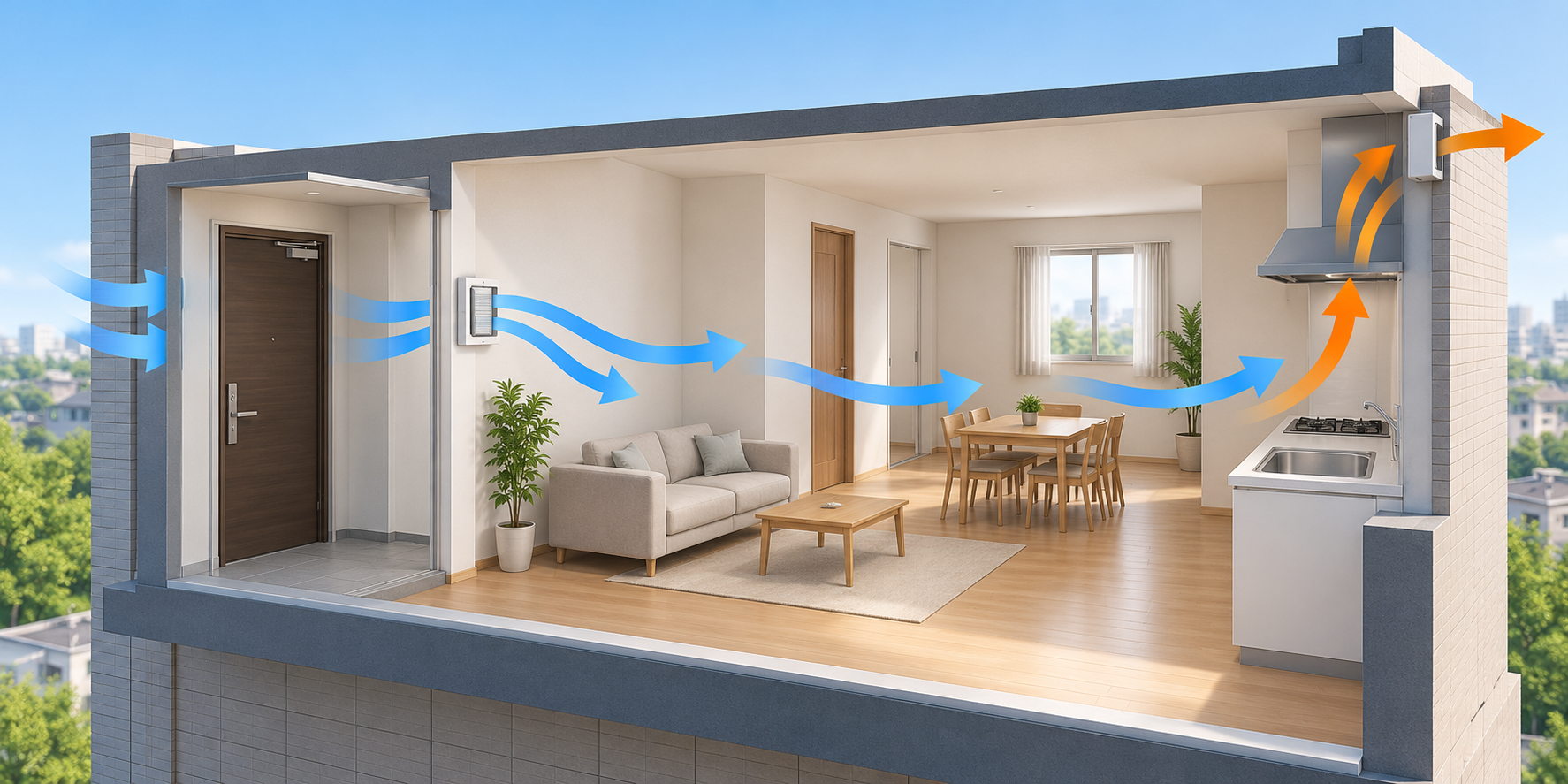 マンションで換気扇を使うときの給気口から換気扇までの空気の流れを示す概念図