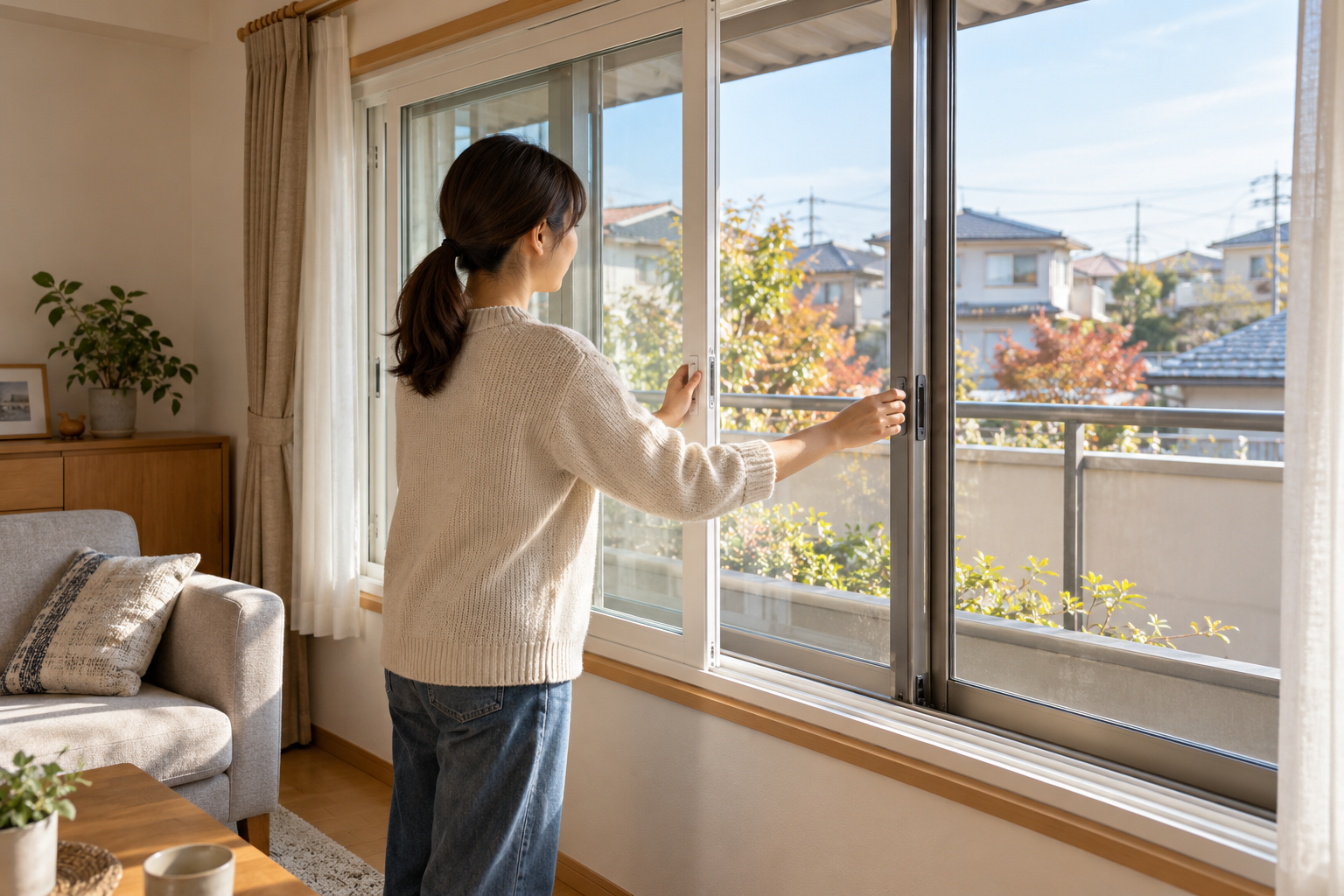 太田市の住宅で内窓と外窓を順番に開ける様子(イメージ)