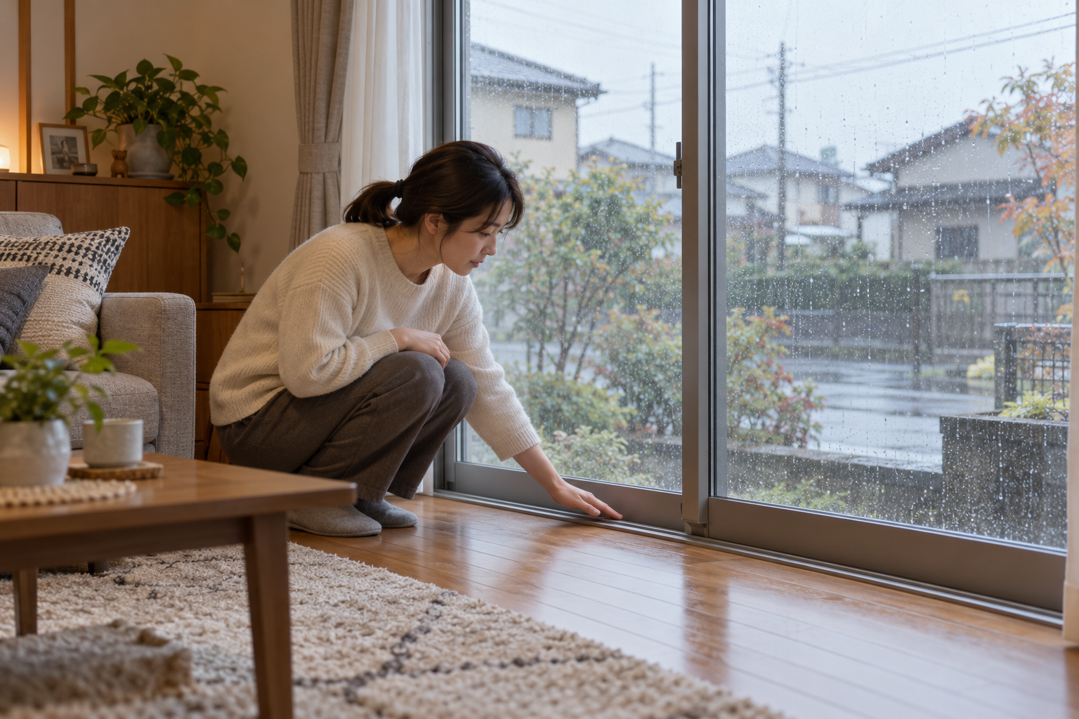 雨の日に閉めた窓の足元で冷気を確認する室内イメージ