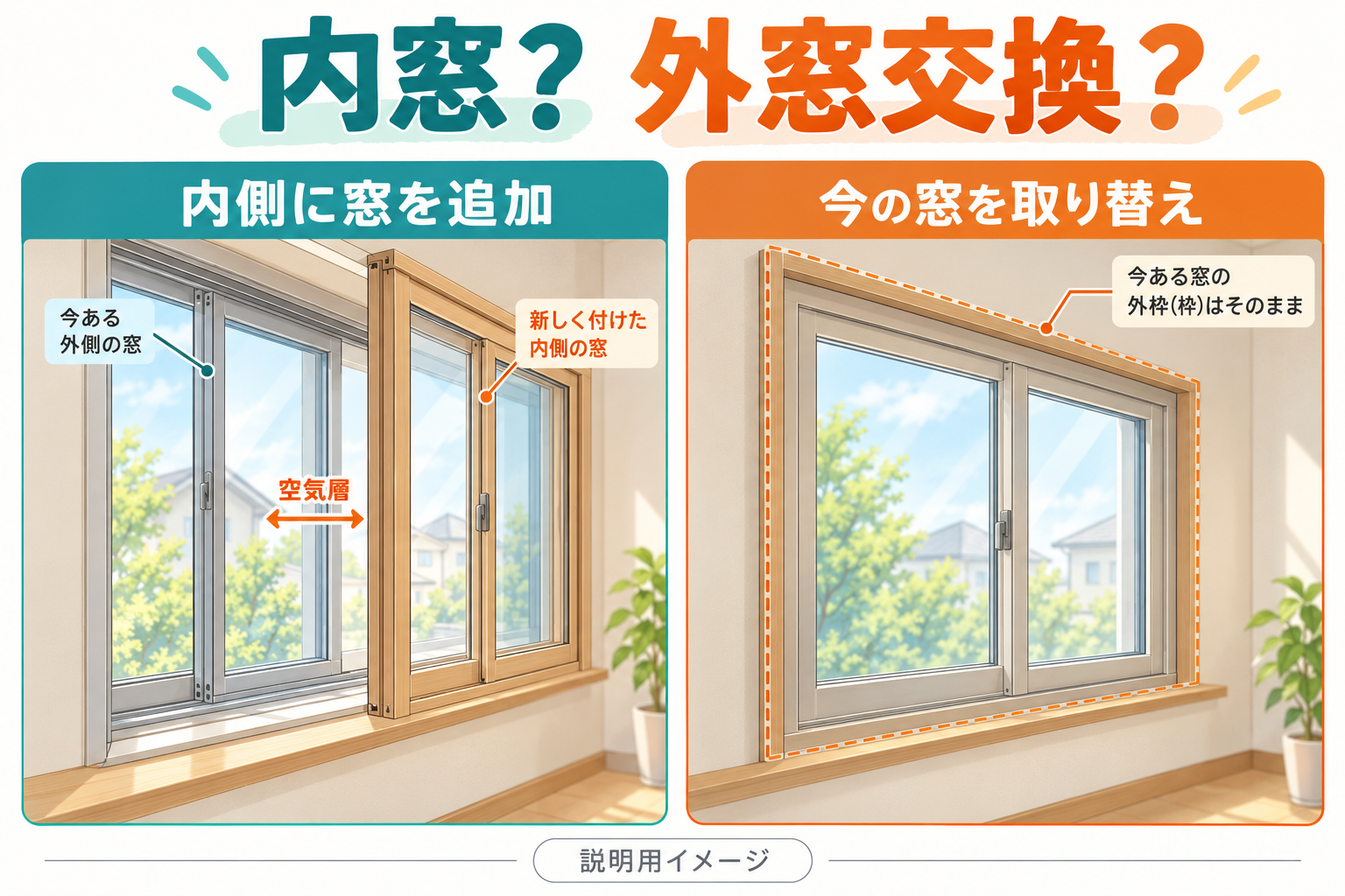 既存窓の室内側に内窓を追加する方法と、既存枠を残して外窓を交換するカバー工法の比較イラスト