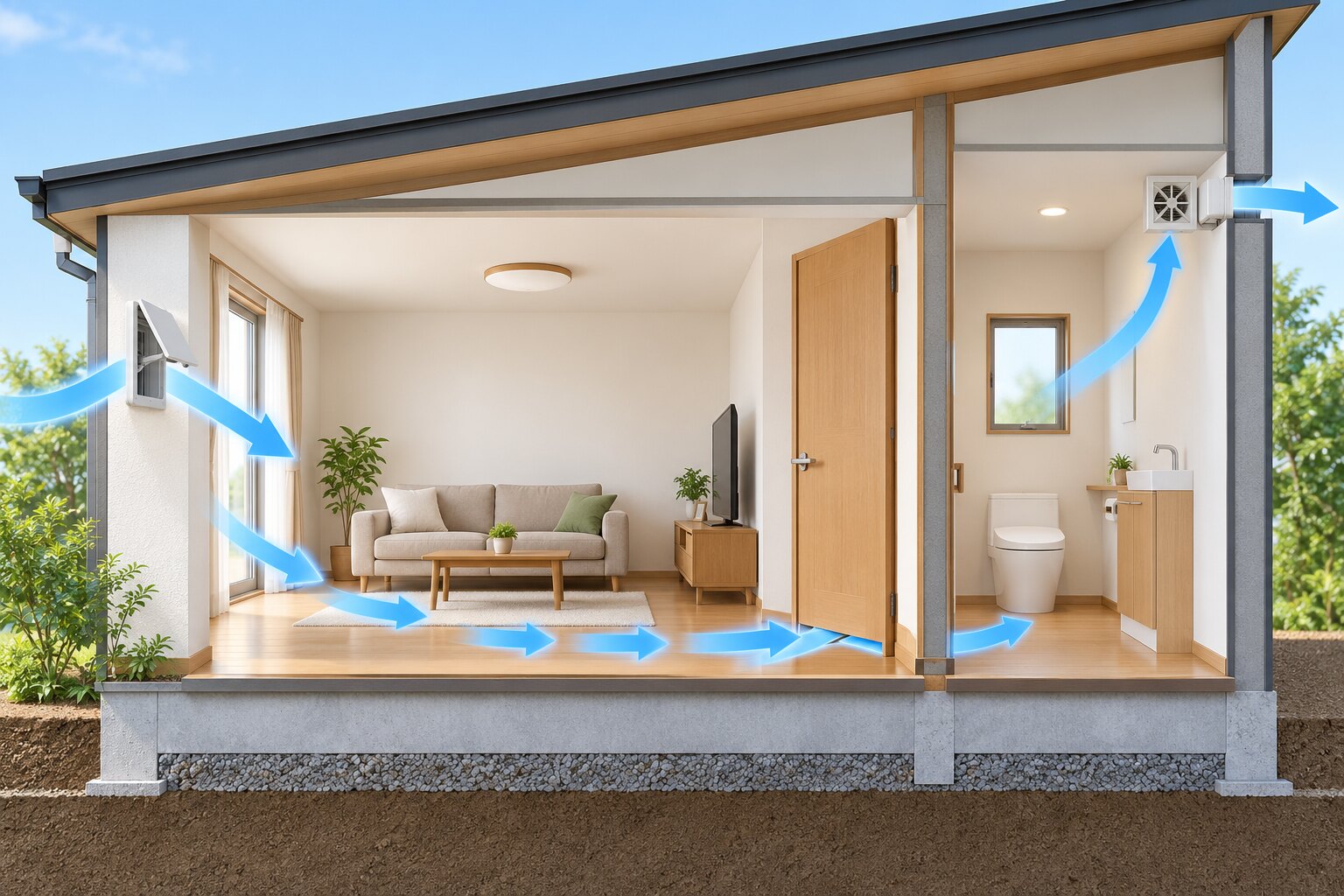 居室の給気口から入った空気がドア下を通り水まわりの換気扇から排出される流れの概念図
